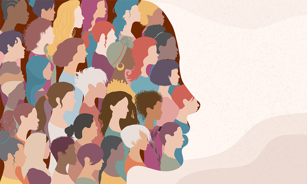 Illustration of a woman’s face silhouette in profile with group of multicultural and multiethnic women faces inside